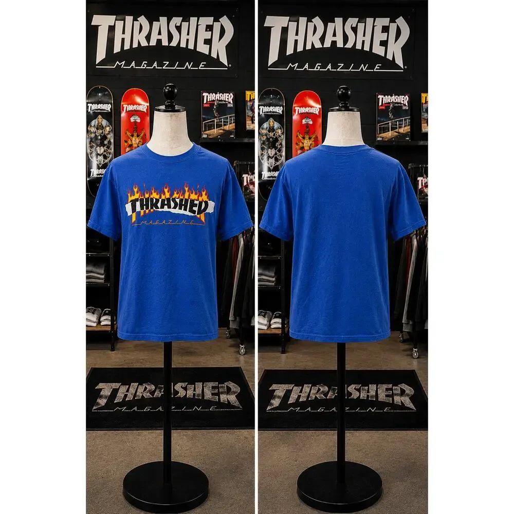 Thrasher Flame Logo Blue Skate Tee Shirt Men’s Small